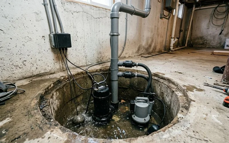 Sealed sump pit with primary plus battery backup pumps, check valves, and discharge line