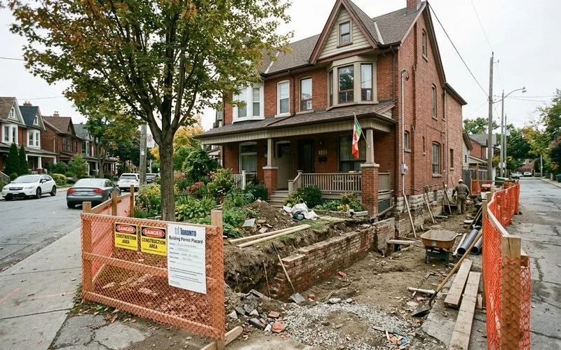 Toronto Victorian home with basement underpinning excavation underway in the rear yard