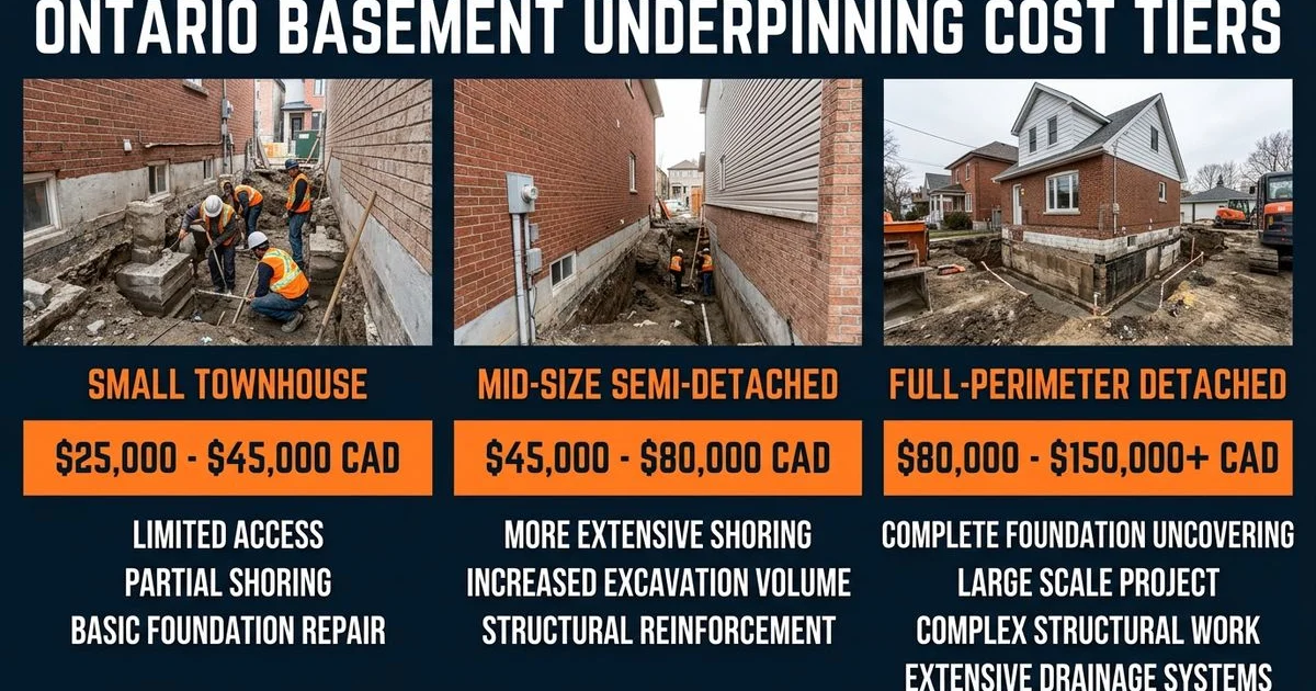 Cost comparison chart showing basement underpinning pricing across three Ontario project size tiers