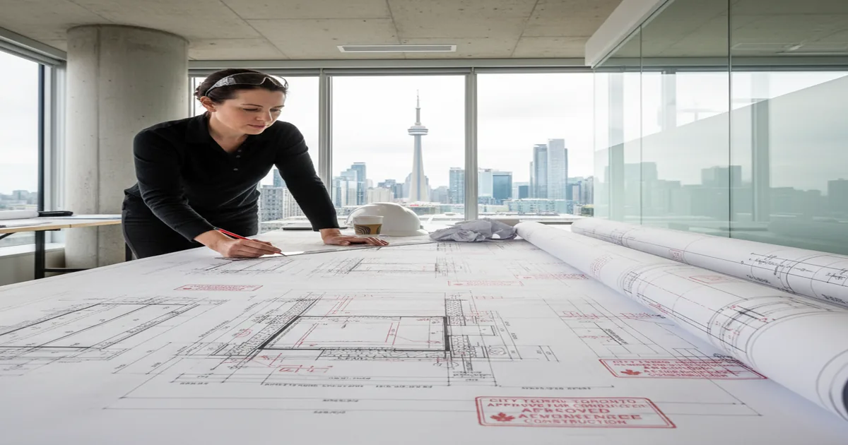 Structural engineer reviewing stamped underpinning drawings at a drafting desk in a Toronto office