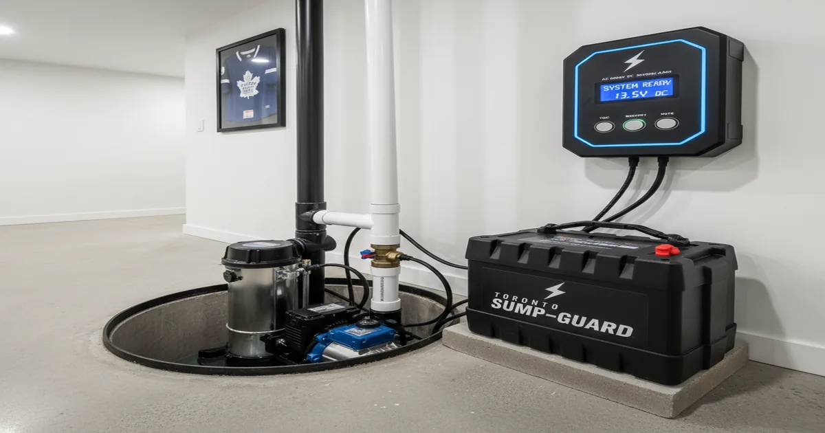 Battery backup sump pump system installed in Toronto basement