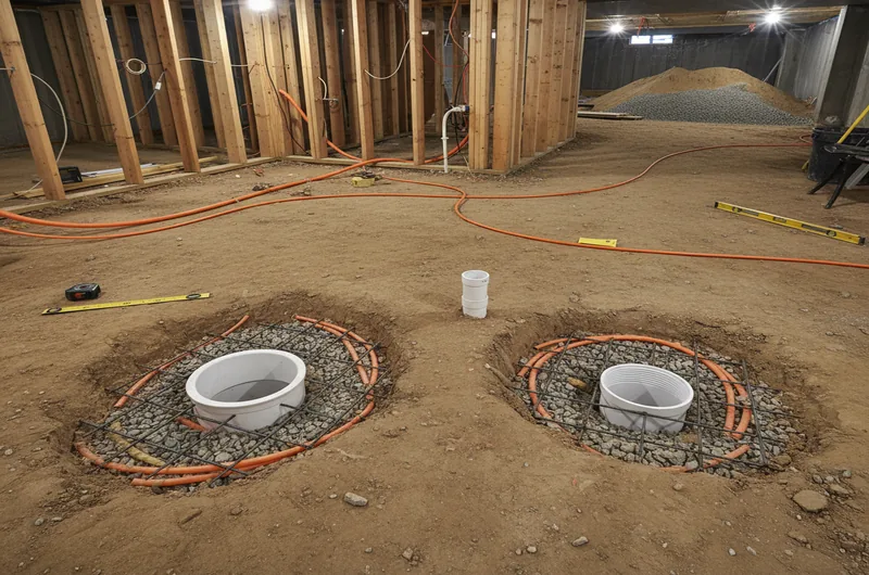 Diagram showing plumbing rough-in sequencing during underpinning before slab pour