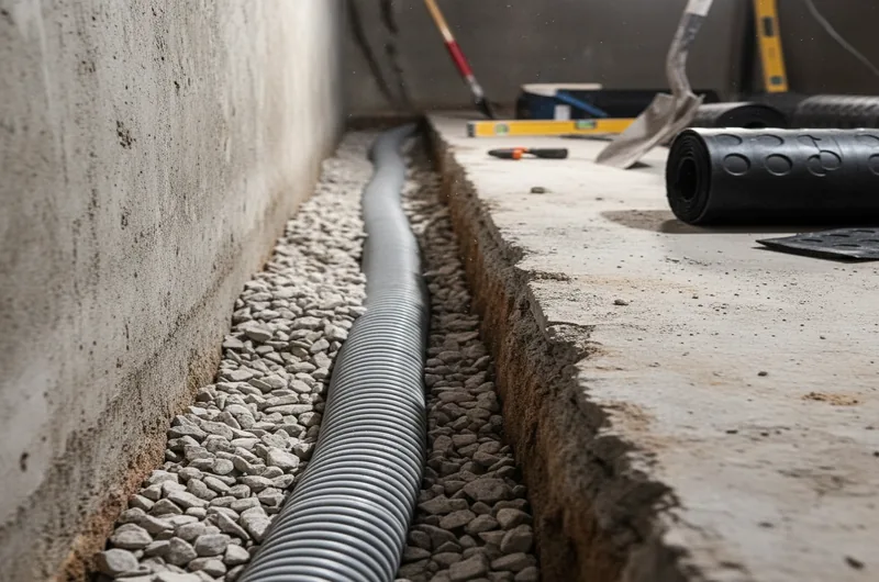 Cross-section diagram of completed interior waterproofing system showing drainage channel and sump pit