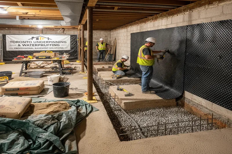 Timeline showing combined waterproofing and underpinning sequencing