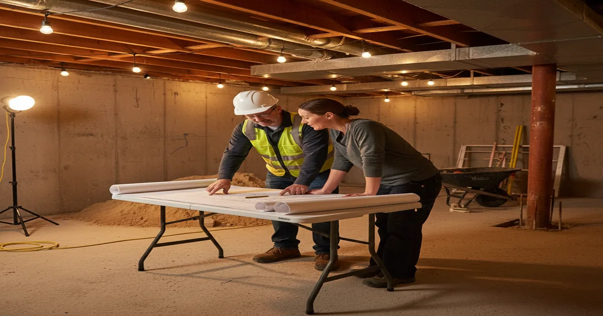 Active basement underpinning construction in Toronto home with pin section excavated