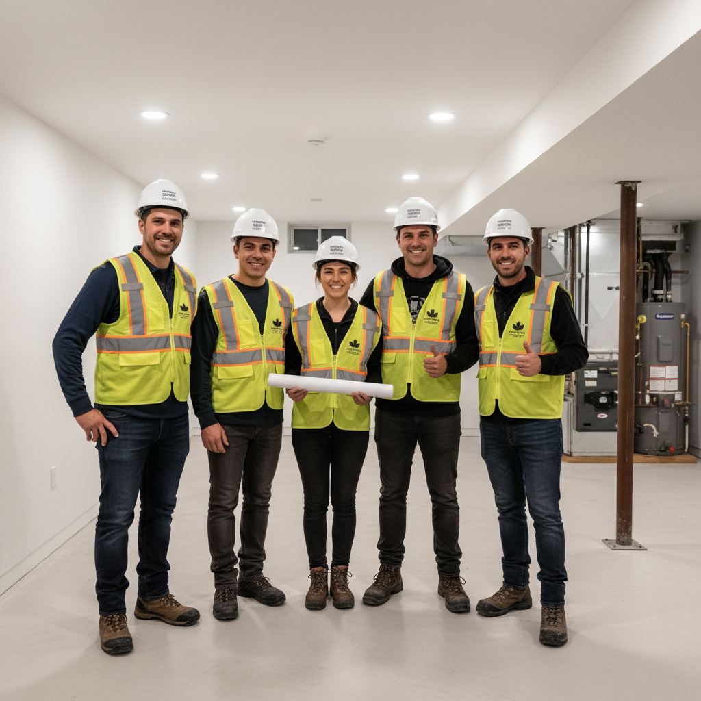 The Toronto Basement Underpinning crew inside a completed basement project