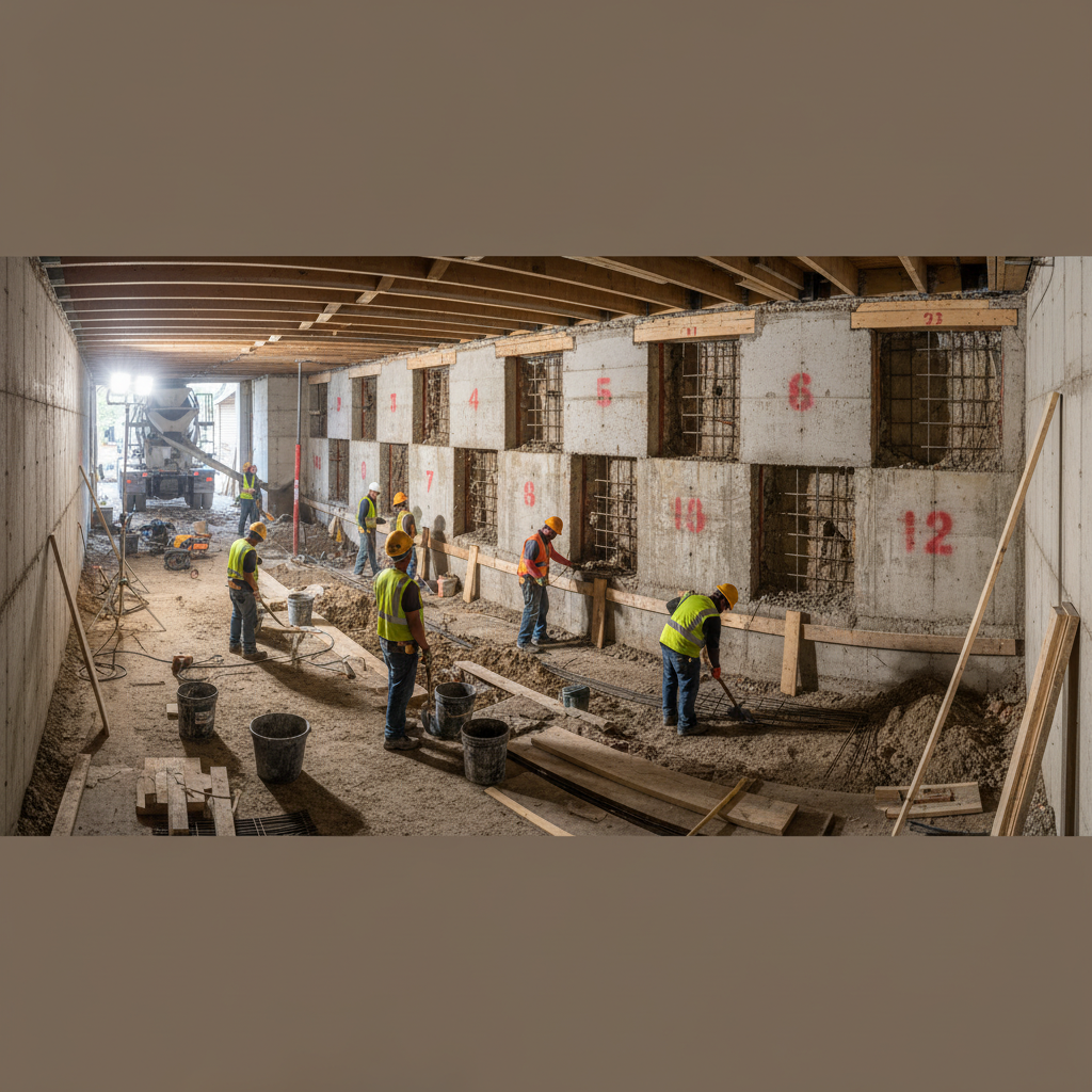 Interior view of Toronto basement underpinning showing completed alternating pin sections