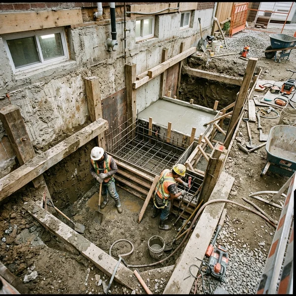 Active basement underpinning excavation showing staged pin-section sequence