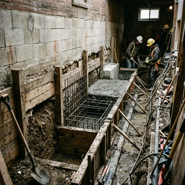 Toronto basement excavation showing staged pin-section sequence